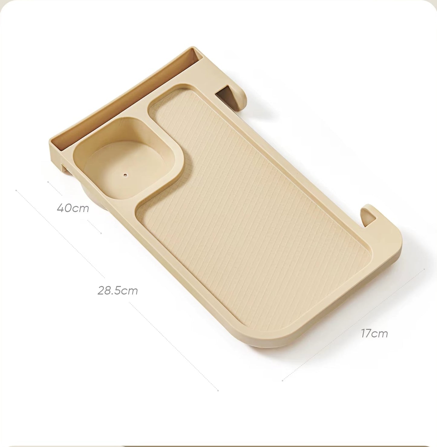 Clip-on chair side tray with cup holder and size dimensions