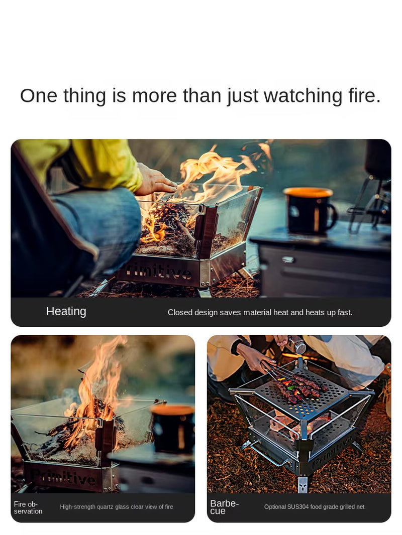 Primitive Fire Dance Burning Fire Table Model China Outdoor Camping Stainless Steel Quartz Glass Firewood Stove Portable Folding