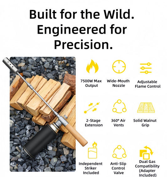 The "Inferno" Extended Campfire Blowtorch | Solid Walnut Handle & Adapter Kit