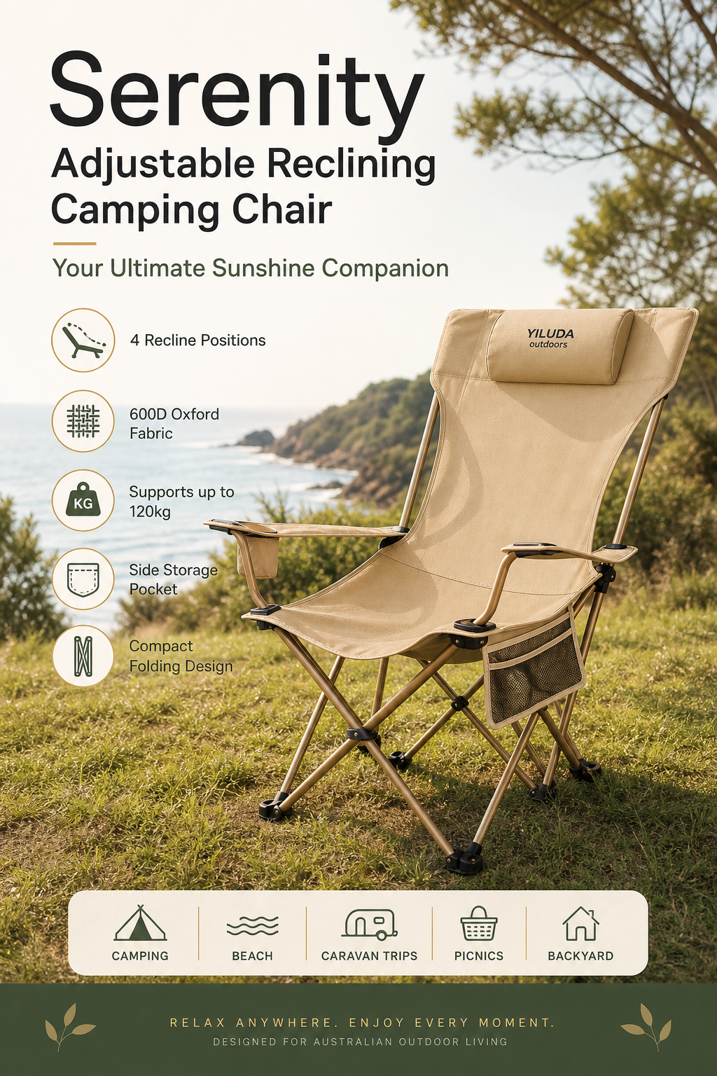 The Serenity Adjustable Reclining Camping Chair | Sitting to Sleeping