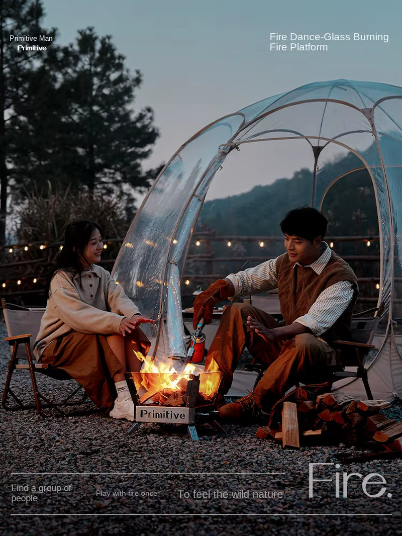 Primitive Fire Dance Burning Fire Table Model China Outdoor Camping Stainless Steel Quartz Glass Firewood Stove Portable Folding