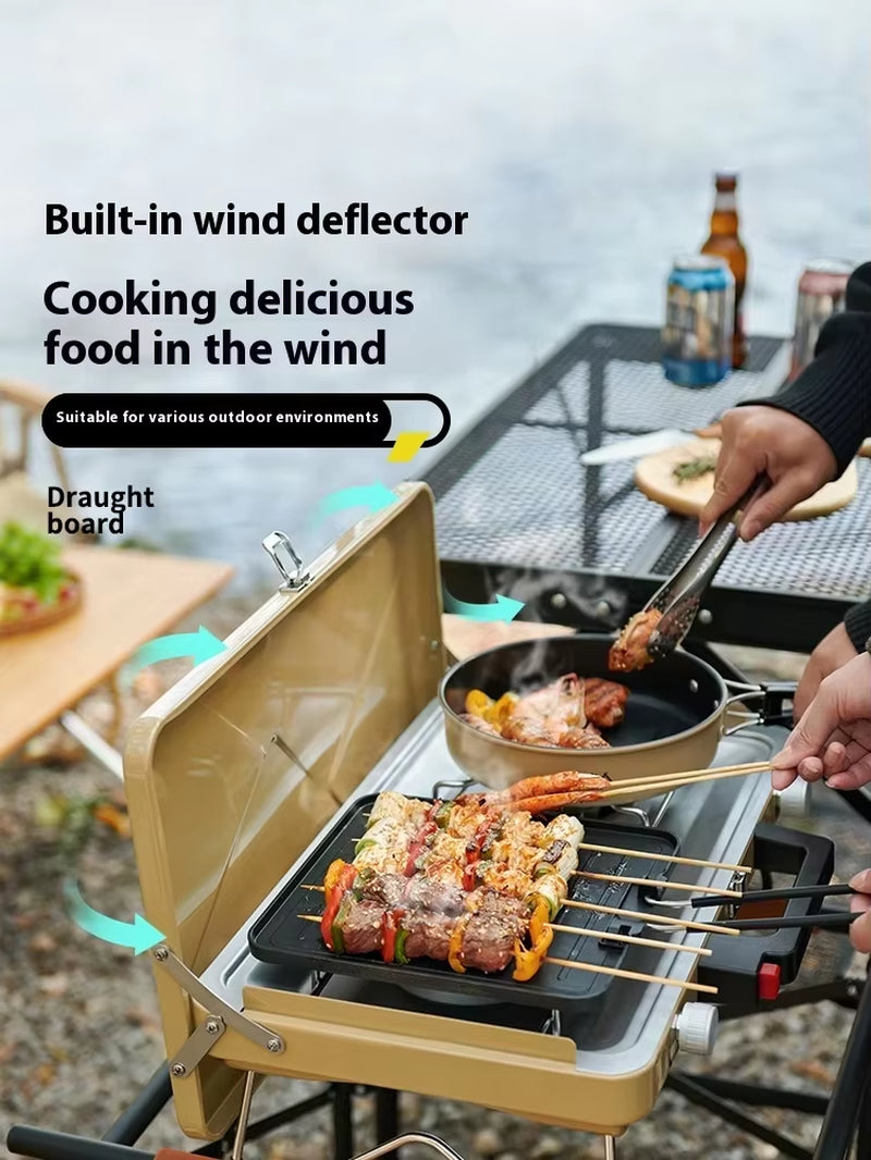 Portable Double Head Outdoor Gas Stove Steel Manual Butane Cookware for Camping Barbecue Cookout for Outdoor Activities