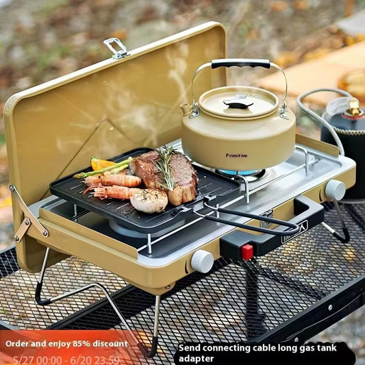 Portable Double Head Outdoor Gas Stove Steel Manual Butane Cookware for Camping Barbecue Cookout for Outdoor Activities