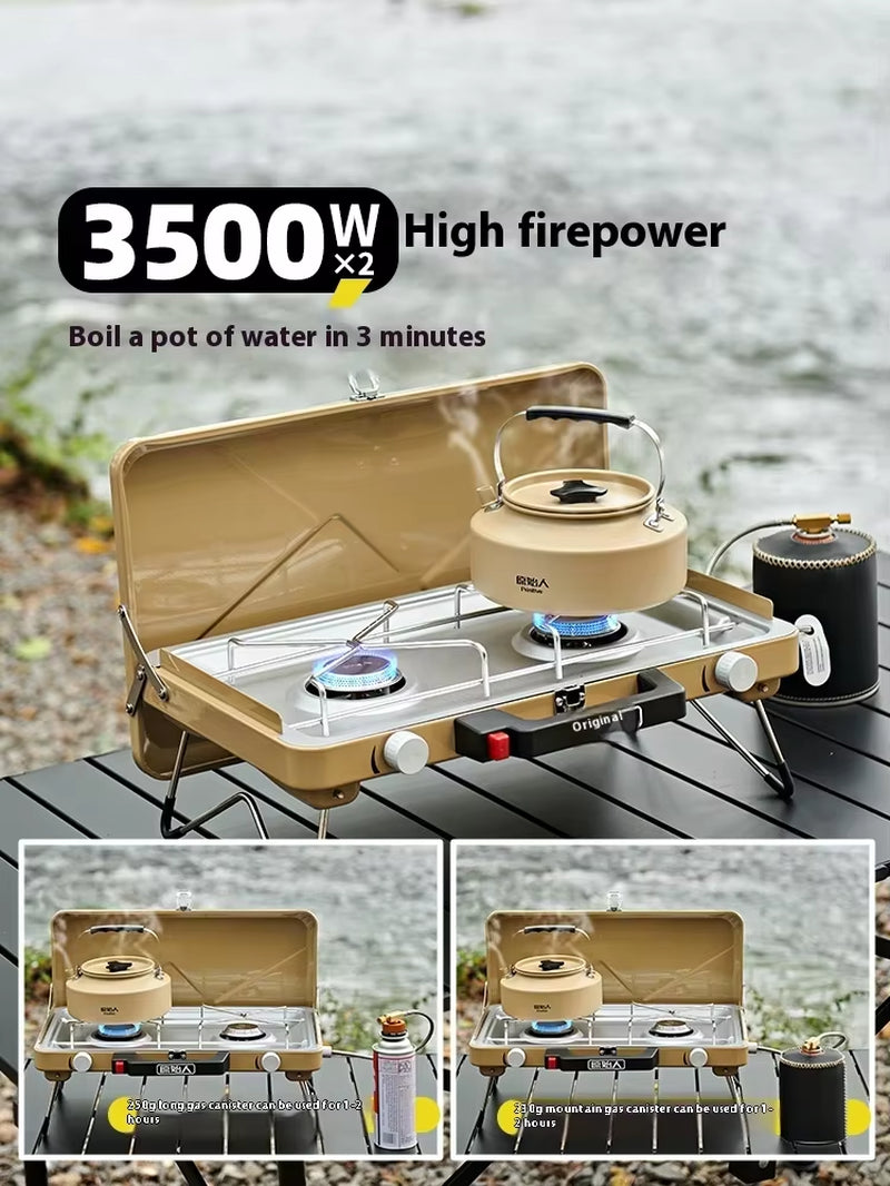 Portable Double Head Outdoor Gas Stove Steel Manual Butane Cookware for Camping Barbecue Cookout for Outdoor Activities