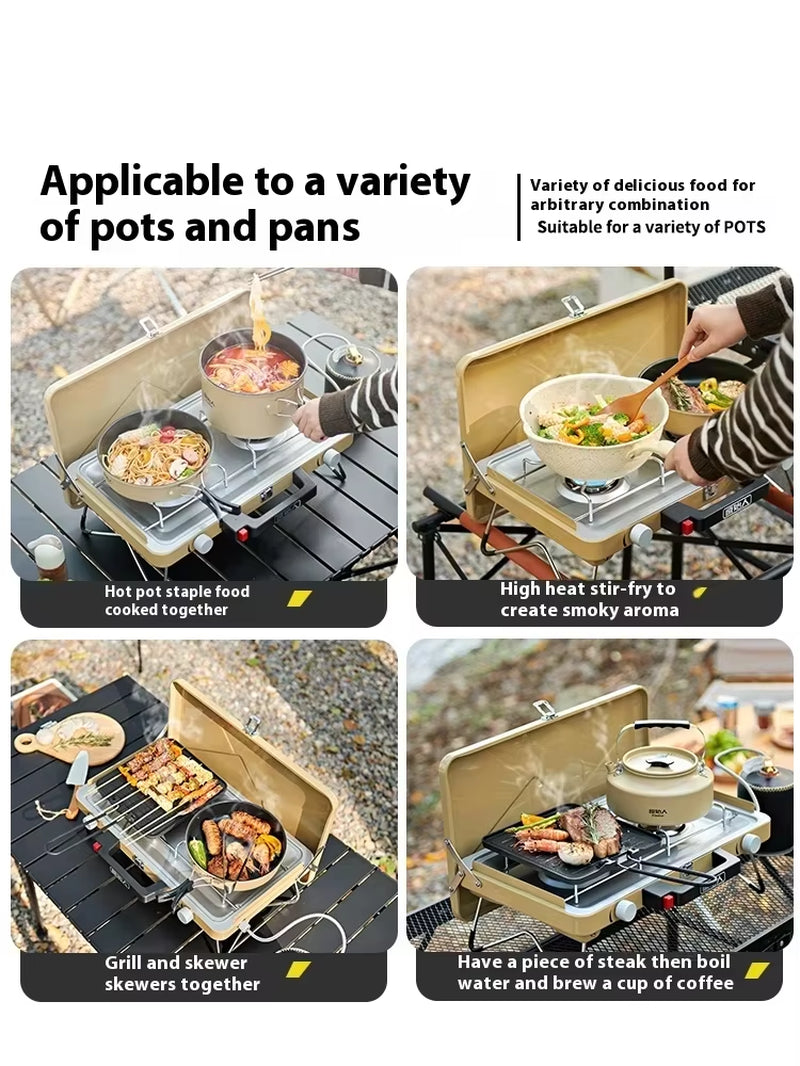 Portable Double Head Outdoor Gas Stove Steel Manual Butane Cookware for Camping Barbecue Cookout for Outdoor Activities