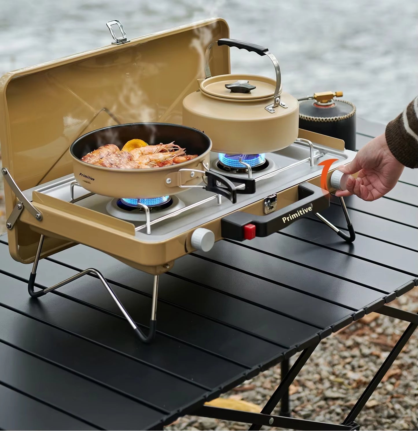 Portable Double Head Outdoor Gas Stove Steel Manual Butane Cookware for Camping Barbecue Cookout for Outdoor Activities