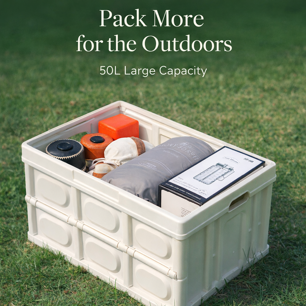 Primitive™ 50L Foldable Camping Storage Box & Table (Wood Lid)