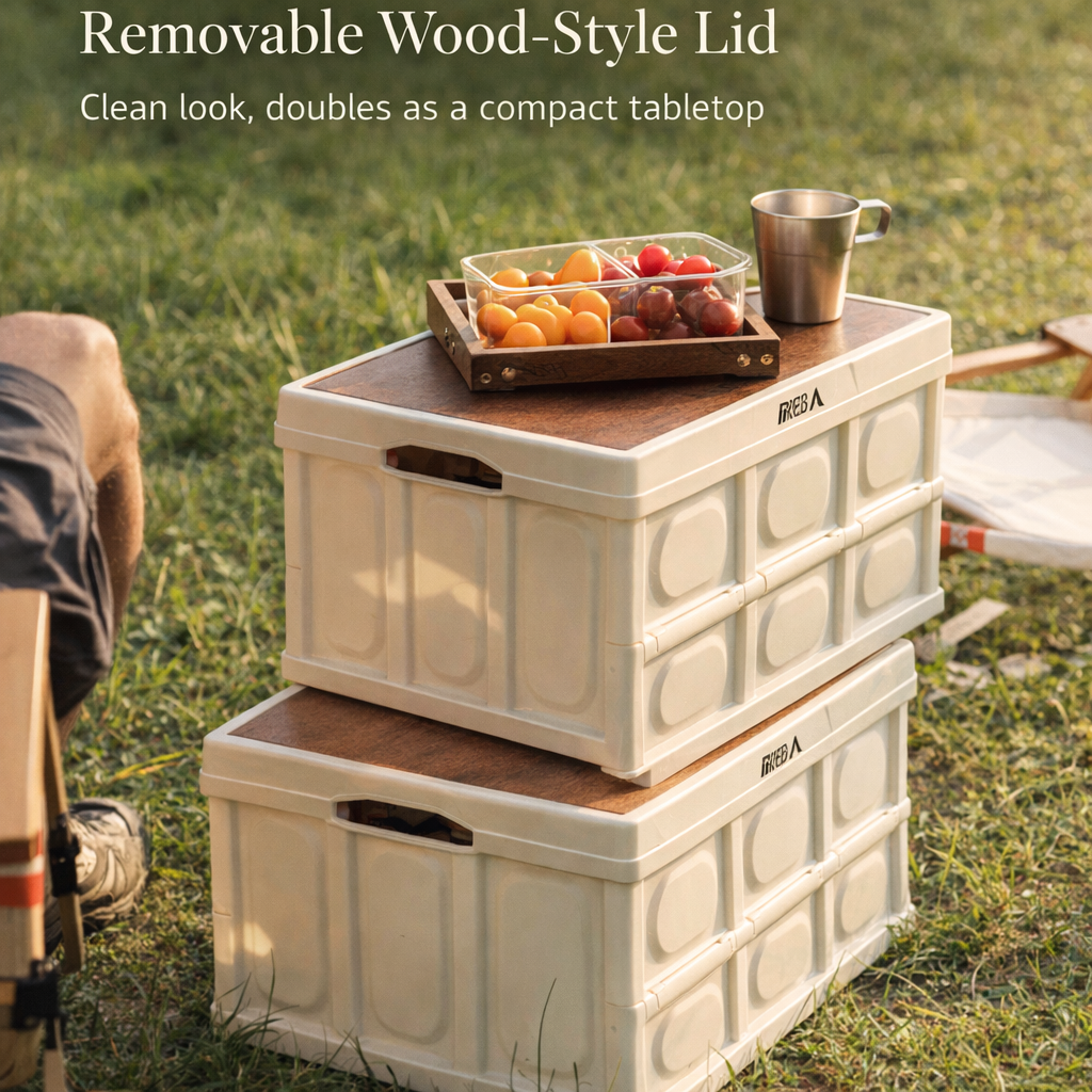 Primitive™ 50L Foldable Camping Storage Box & Table (Wood Lid)